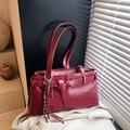 Deep red leather tote bag with bow detail and heart key charms for casual commute - Red (With Pendant)