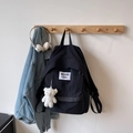Minimalist black large capacity backpack with cute bear pendant and branded patch - Black with Pendant