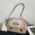 Cute beige cat-themed crossbody bag with brown paw prints and plush bear pendant - Toast Brown With Pendant