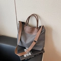 Dark grey canvas tote bag with brown leather trim and wide adjustable strap - Dark Brown