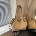 Khaki nylon tote bag with drawstring closure and large front pocket for daily commute - Khaki