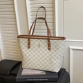 Bolso tote grande en crema con estampado marrón y asas de cuero oscuro - Verde Crema