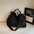 Large black nylon tote bag with double front zippers and wide shoulder straps - Black