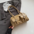Khaki Schultertasche aus Kunstleder mit Krokoprägung und doppelten Schnallentaschen - Ohne Anhänger Stil / Khaki