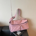 Pink large capacity nylon messenger bag with multiple zipper pockets and wide strap - Pink