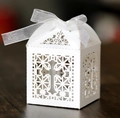 Detailed laser-cut white favor box with cross design and semi-transparent ribbon - White