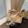 Large beige nylon tote bag with two front zipper pockets and adjustable wide strap - Khaki