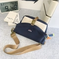 Minimalist navy blue and beige nylon crossbody messenger bag with buckle strap - No Pendant / Blue Contrast