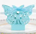 Detailed laser-cut light blue butterfly wedding favor box with a satin ribbon bow - Tiffany Blue