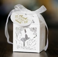 Laser-cut white wedding favor box with silhouette design and thank you ribbon tag - White