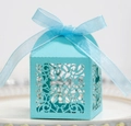 Elegant light blue laser cut wedding favor box with cross design and satin ribbon bow - Tiffany Blue