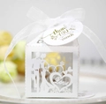 Detailed laser-cut white wedding favor box with Love heart motif and thank you tag - Tag