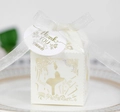 Close-up of laser-cut wedding favor box with ribbon and golden Thank You tag - Ivory