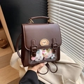 Dunkelbrauner Retro-Mini-Rucksack aus Kunstleder mit transparentem Sichtfenster - Kaffee mit Anhänger