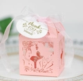 Pink laser-cut wedding favor box with cutout silhouettes and thank you tag ribbon - Pink