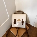 Preppy style beige and brown backpack with cute cartoon dog embroidery and buckle details - Rice White (No Pendant)