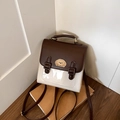 Preppy style brown and cream patchwork backpack with a cute cartoon animal patch - Rice Coffee Without Pendant