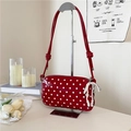 Red glossy polka dot crossbody bag with a pearl charm and stylish knotted shoulder strap - Red with Pendant
