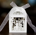 White laser-cut wedding favor box with romantic proposal scene and organza ribbon - White
