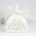 Laser-cut white wedding favor box featuring elegant bridal gown silhouette and ribbon - Ivory