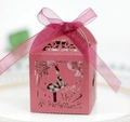 Laser-cut hollow burgundy wedding candy gift box with bride and groom silhouette - Dark Red