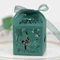 Detailed laser-cut dark green wedding candy box with elegant ribbon bow and couple design - Dark Green