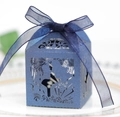 Detailed laser-cut blue wedding favor box with glitter texture and satin ribbon bow - Sapphire Blue