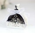 Elegant bridal gown candy gift box with hollow laser-cut lace and silver satin ribbon - Reflective Silver