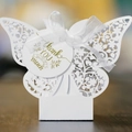 Elegant white laser-cut butterfly favor box with translucent ribbon and thank you tag - White