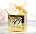 Golden hollow swan wedding candy box with ribbon and thank you tag for party favors - Reflective Gold