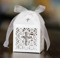White laser-cut wedding favor box with cross pattern and elegant white silk ribbon bow - White