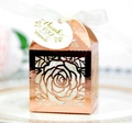 Rose gold laser-cut rose gift box with white ribbon and Thank You tag for wedding favors - 50 Pieces / Reflective Rose Gold