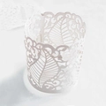 Elegant white laser-cut hollow paper candle sleeve featuring intricate leaf vein patterns - White