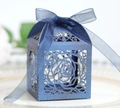 Detail of laser-cut rose hollow favor box in navy blue pearl paper with silk ribbon - Deep Blue
