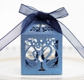 Detail of laser-cut heart swan pattern on navy blue pearlescent gift box with silk ribbon - Sapphire Blue