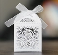 White laser-cut rose hollow paper gift box with elegant white ribbon for weddings - White