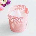 Pink laser-cut paper decorative lampshade sleeve for LED tea light candles with leaf pattern - Pink