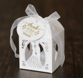 Detailed laser-cut wedding candy box with bride and groom silhouette and ribbon - White (With Thank You Tag)