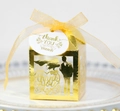 Elegant gold laser-cut wedding favor box with thank you tag and yellow chiffon ribbon - Reflective Gold