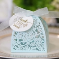 Detailed laser-cut light blue wedding candy box with elegant ribbon and thank you tag - Pearl Pale Blue