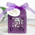 Purple laser cut wedding favor box with heart and love design and matching ribbon - Dark Purple