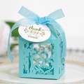Light blue laser cut wedding favor box with love silhouettes and thank you tag - Tiffany Blue