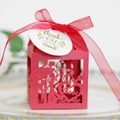 Red laser-cut wedding favor box with Love silhouette and Thank You gift tag - Pearlescent Red