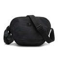 Detail of black nylon saddle bag featuring metal MS logo and adjustable fabric strap - Black