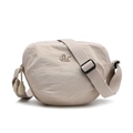 Detail of adjustable woven strap and dual zippers on beige nylon saddle bag - Off-white