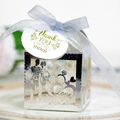 Silver laser-cut wedding favor box with heart design, blue ribbon, and thank you tag - Reflective Silver