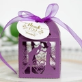 Purple laser-cut wedding favor box featuring romantic silhouette and ribbon tie - Dark Purple