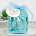Light blue laser cut wedding favor box with romantic silhouette and thank you tag - Tiffany Blue
