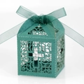 Teal laser cut gift box with cross pattern and matching ribbon for religious events - Dark Green