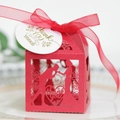 Red laser cut rose wedding favor box with ribbon and round thank you tag - Pearlescent Red